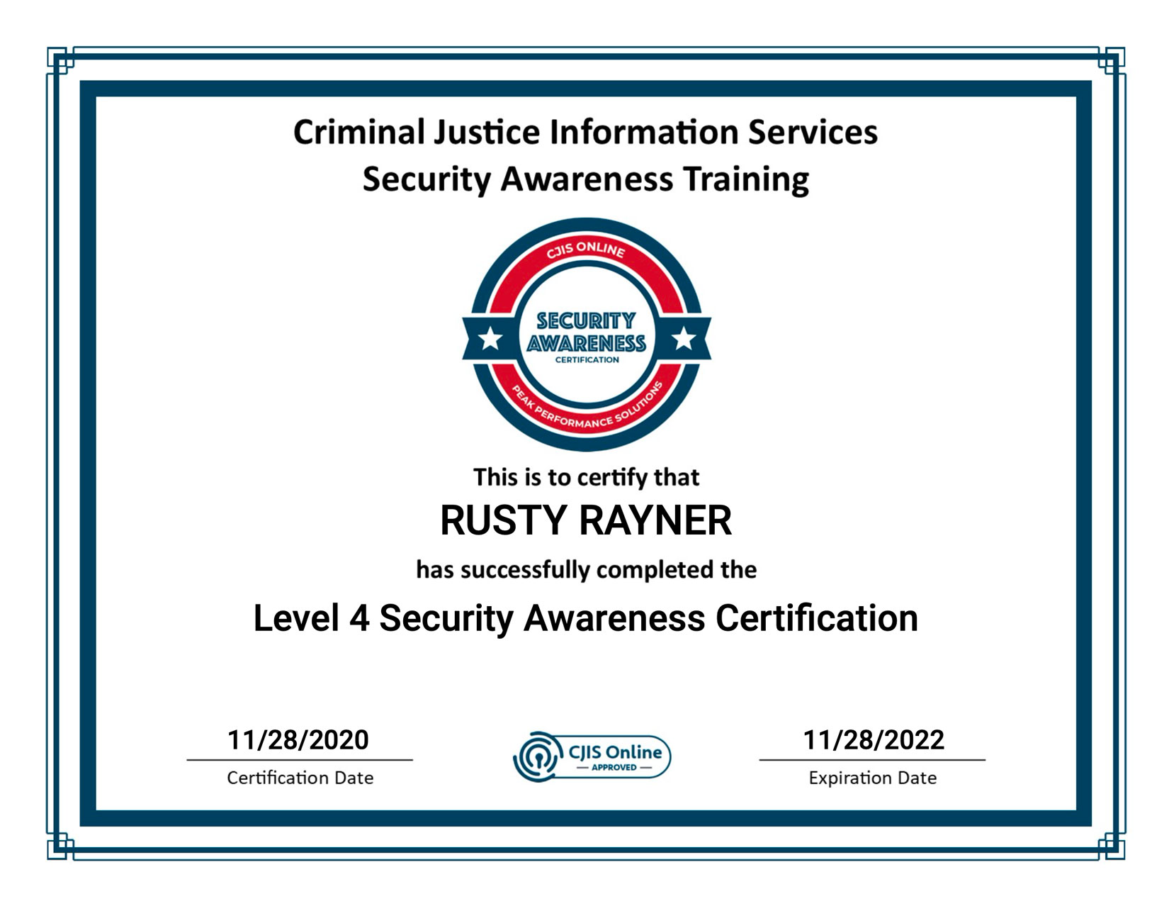 CJIS Level 4 Security Awareness Certification